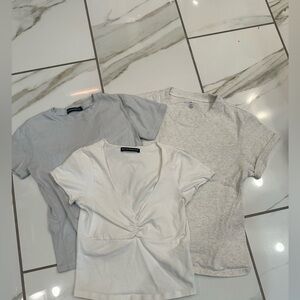 Brandy Melville Trio: White Twist-Front Tee + Light Gray & Heather Gray Tees